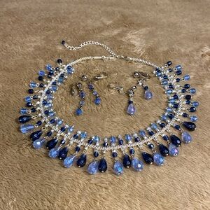 VTG Avon Blue/Silver Beaded Choker w/2 Pair Clip Earrings